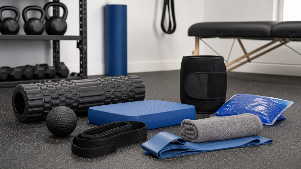 recovery and muscle therapy products for injury prevention arranged in a practical buyer guide scene