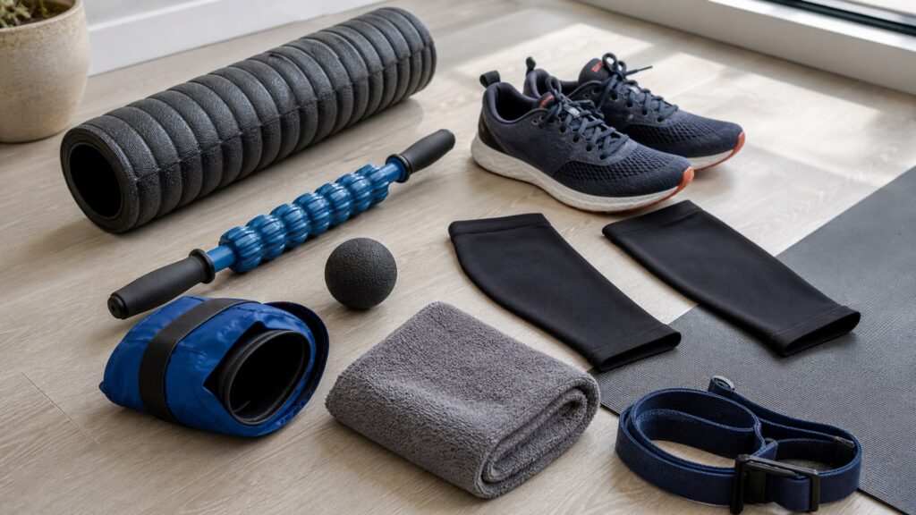 recovery and muscle therapy products for runners arranged in a practical buyer guide scene