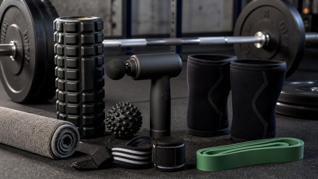 recovery and muscle therapy products for weightlifters arranged in a practical buyer guide scene