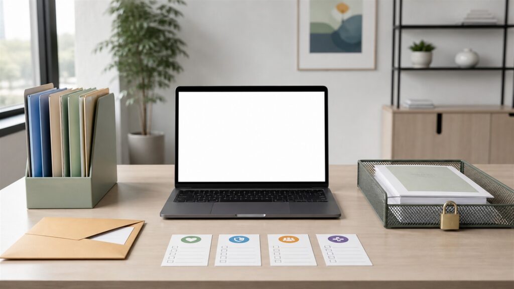 unbranded recruiting operations table with blank applicant pipeline board, interview schedule cards, candidate folders, headset, offer packet, and secure laptop for a benefits administration buying decision