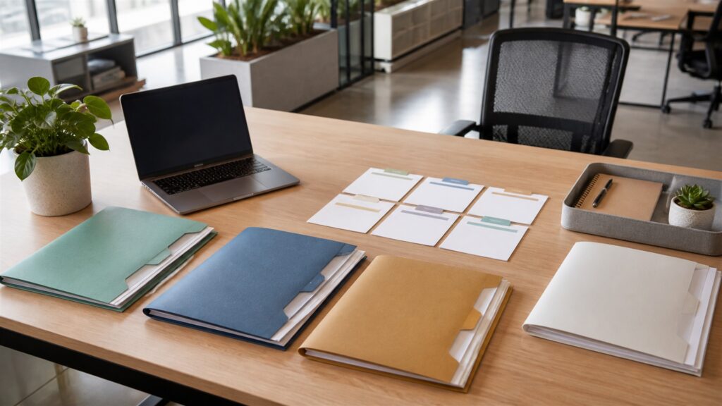unbranded recruiting operations table with blank applicant pipeline board, interview schedule cards, candidate folders, headset, offer packet, and secure laptop for a growing companies buying decision