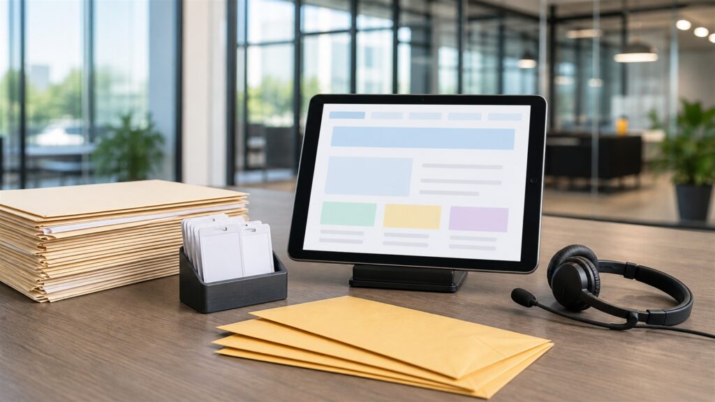 unbranded recruiting operations table with blank applicant pipeline board, interview schedule cards, candidate folders, headset, offer packet, and secure laptop for a hourly employees buying decision