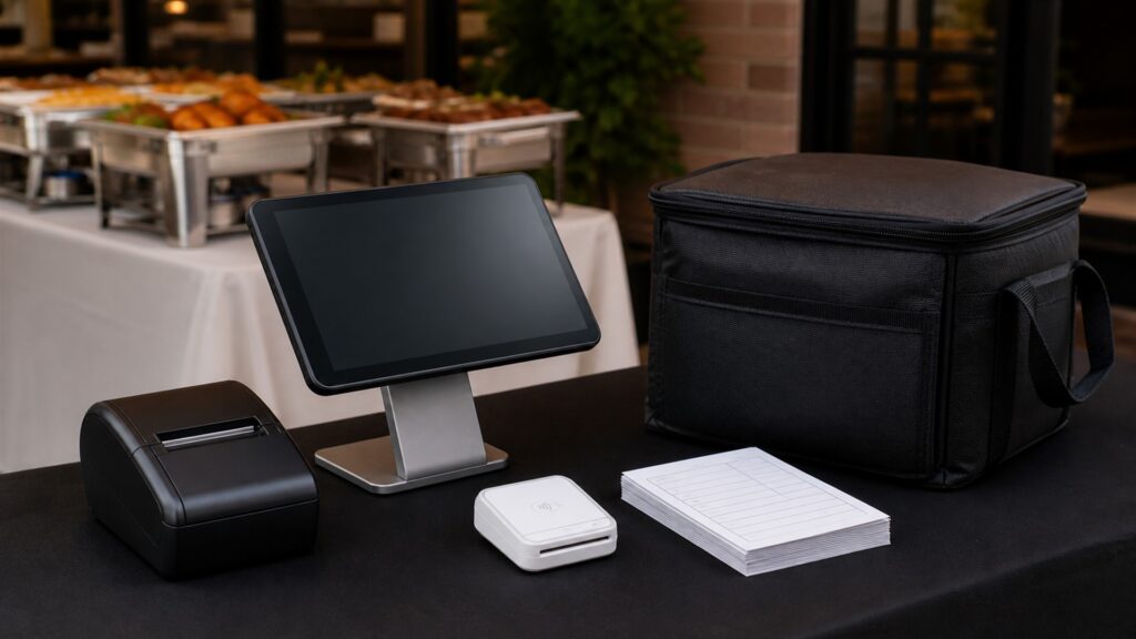 unbranded restaurant service station with one order terminal, kitchen ticket printer, payment device, menu modifier cards, and receipt rail for a customer checkout buying decision