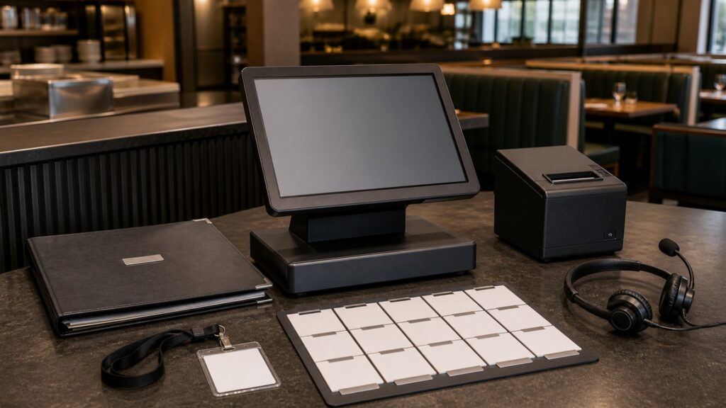 unbranded restaurant service station with one order terminal, kitchen ticket printer, payment device, menu modifier cards, and receipt rail for a inventory tracking buying decision