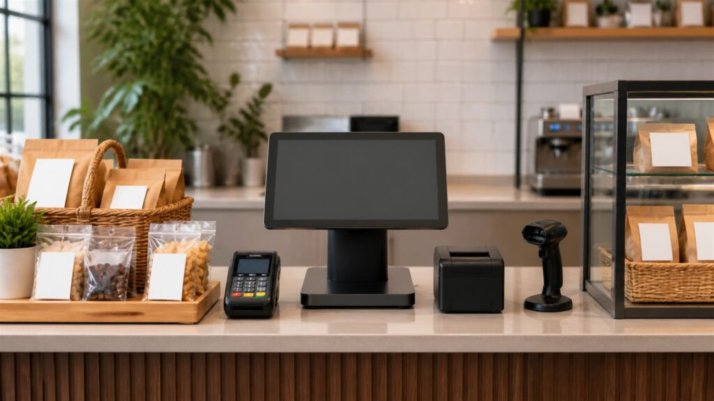 unbranded restaurant service station with one order terminal, kitchen ticket printer, payment device, menu modifier cards, and receipt rail for a restaurants buying decision