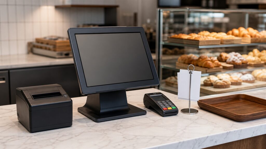 unbranded restaurant service station with one order terminal, kitchen ticket printer, payment device, menu modifier cards, and receipt rail for a service counters buying decision