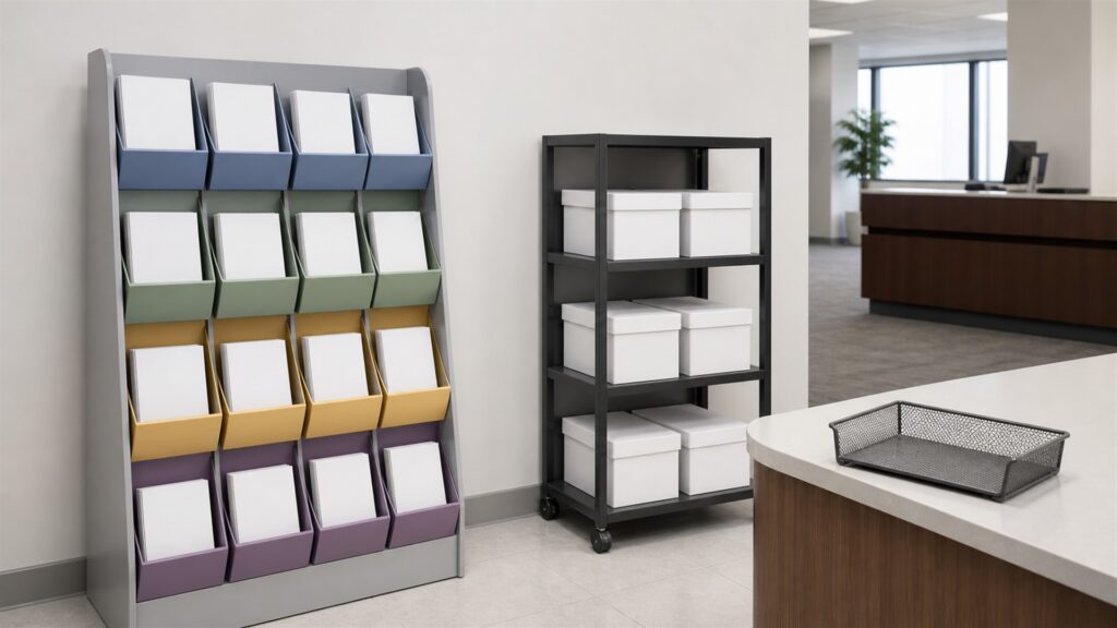 unbranded modular retail displays holding plain product boxes in a bright commercial space for a document workflows buying decision