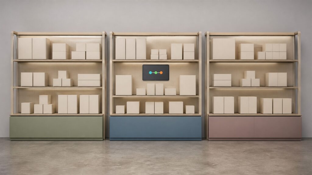 unbranded modular retail displays holding plain product boxes in a bright commercial space for a multi-location businesses buying decision