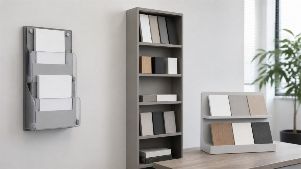 unbranded modular retail displays holding plain product boxes in a bright commercial space for a small offices buying decision