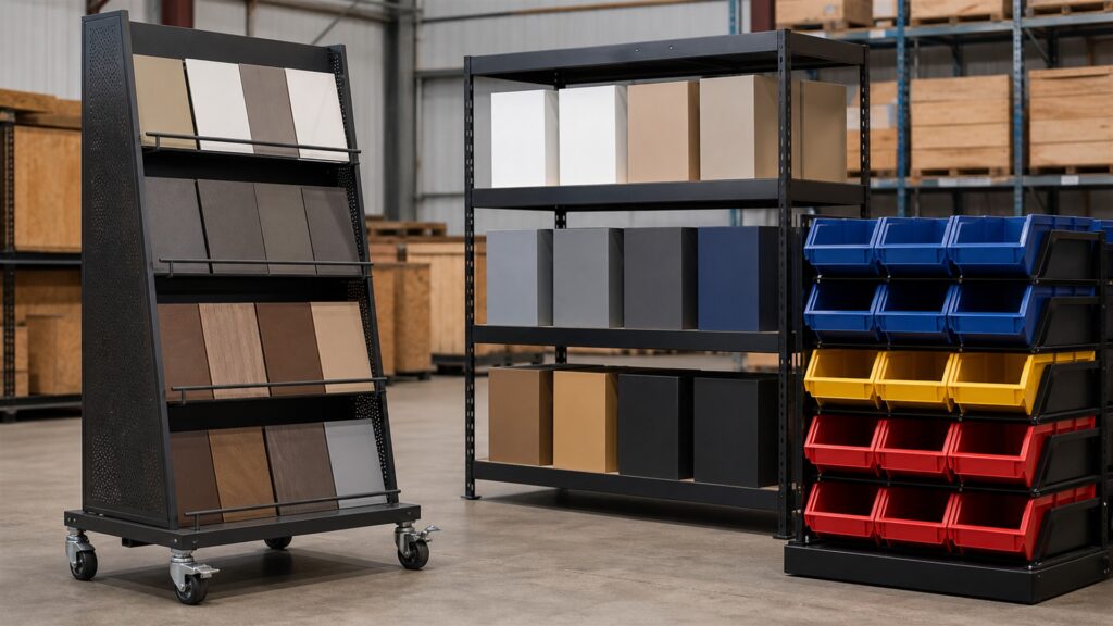 unbranded modular retail displays holding plain product boxes in a bright commercial space for a warehouse teams buying decision