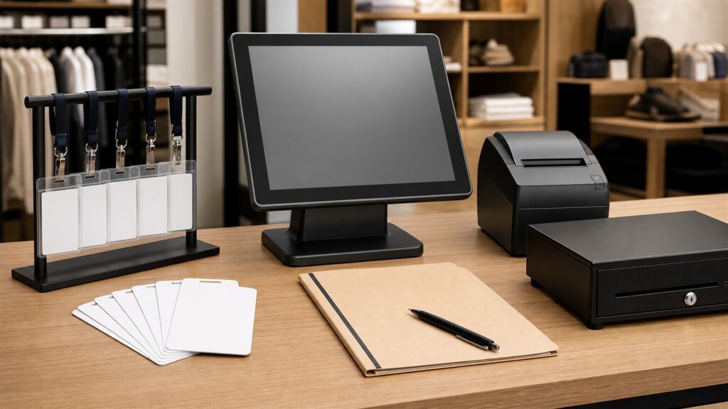 unbranded retail checkout counter with one POS terminal, barcode scanner, receipt printer, card reader, folded products, and inventory tags for a customer checkout buying decision