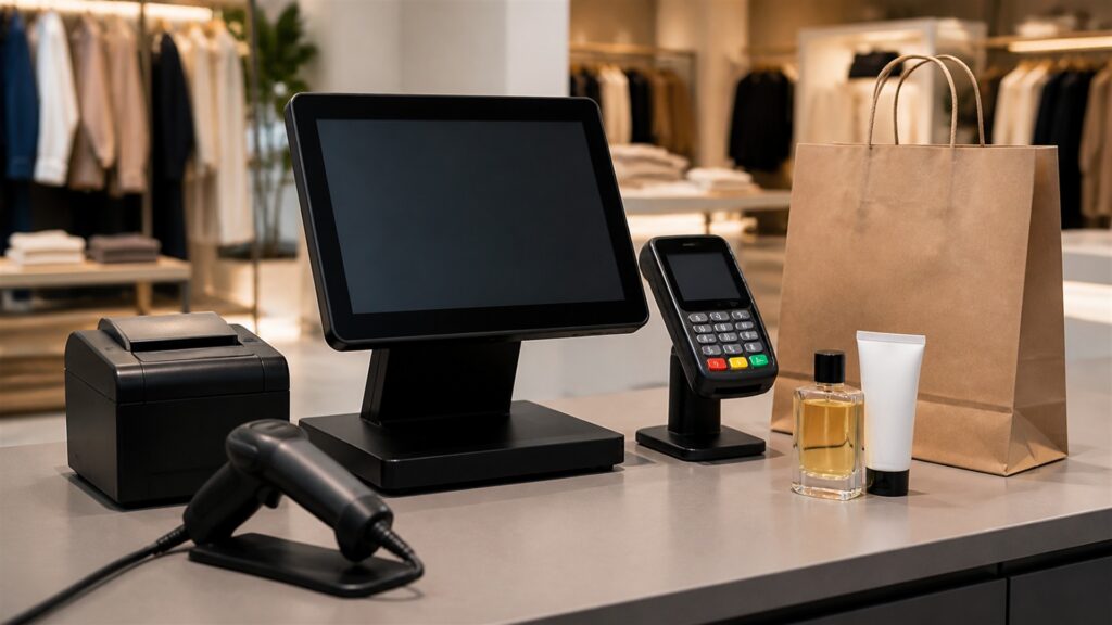unbranded retail checkout counter with one POS terminal, barcode scanner, receipt printer, card reader, folded products, and inventory tags for a inventory tracking buying decision