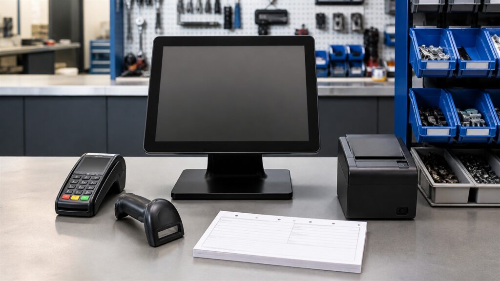 unbranded retail checkout counter with one POS terminal, barcode scanner, receipt printer, card reader, folded products, and inventory tags for a service counters buying decision