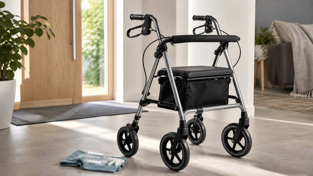 photorealistic rollator prepared for durability and cleaning checks in a bright home entryway