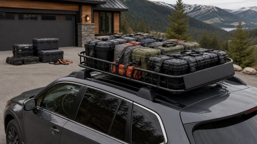 roof cargo baskets shopping setup for cargo security and storage with practical vehicle-focused details
