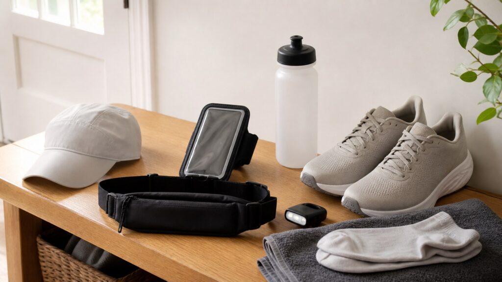 running accessories for long distances arranged in a practical buyer guide scene