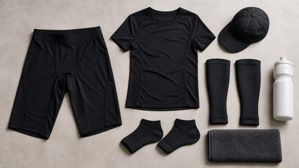 running apparel for compression support arranged in a practical buyer guide scene