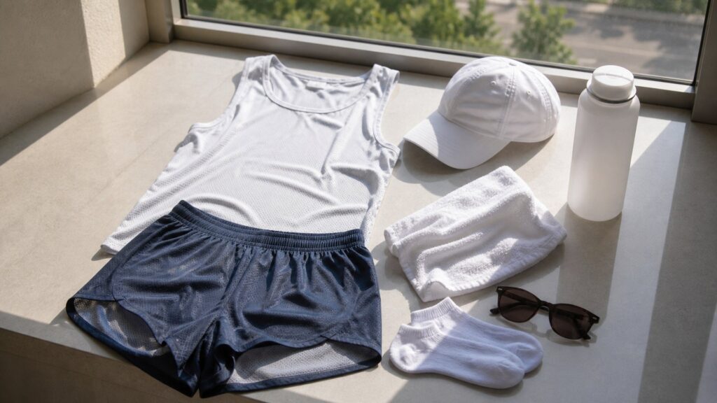 running apparel for hot weather arranged in a practical buyer guide scene