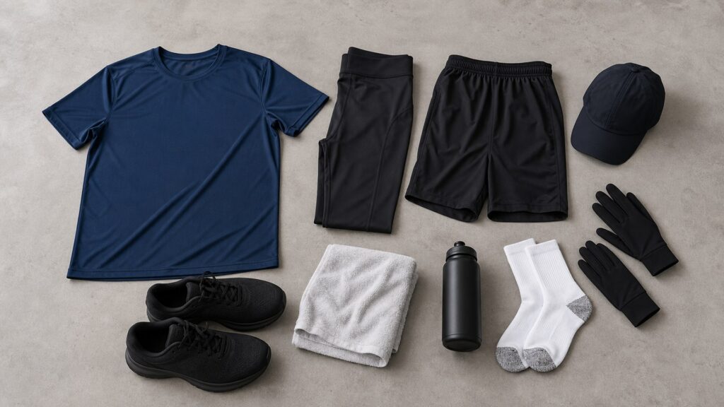 running apparel for running workouts arranged in a practical buyer guide scene