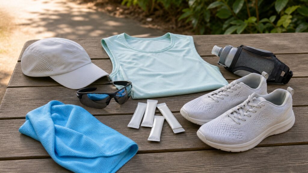 running gear for hot weather running arranged in a practical buyer guide scene