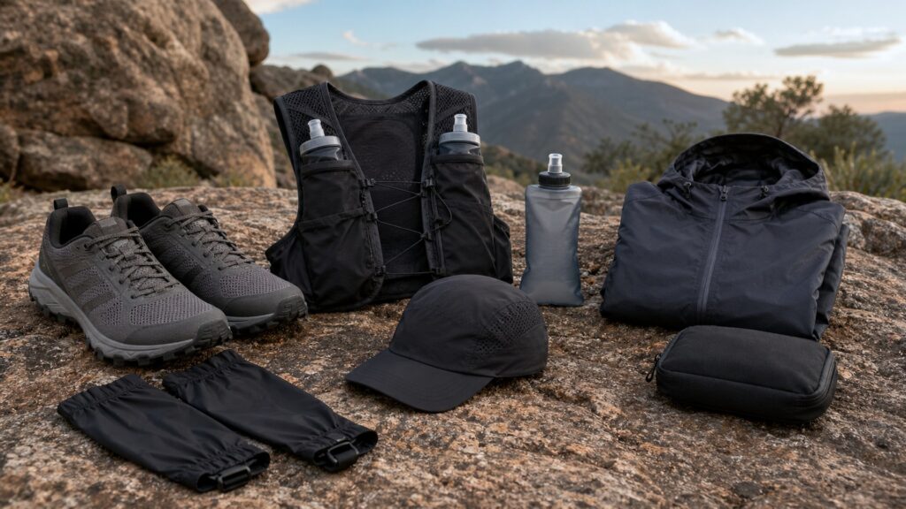 running gear for trail running arranged in a practical buyer guide scene