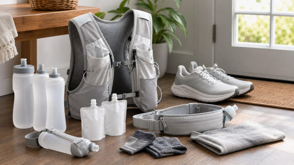 running hydration gear for long distances arranged in a practical buyer guide scene