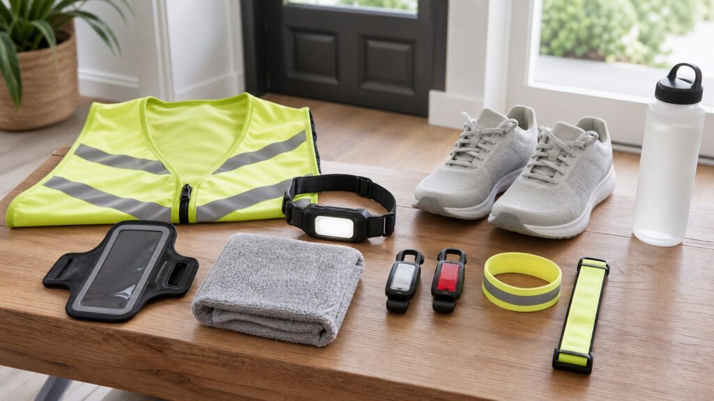 running safety gear for long distances arranged in a practical buyer guide scene