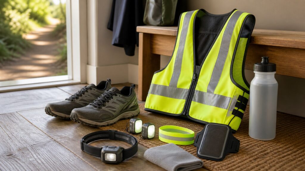 running safety gear for trail runs arranged in a practical buyer guide scene