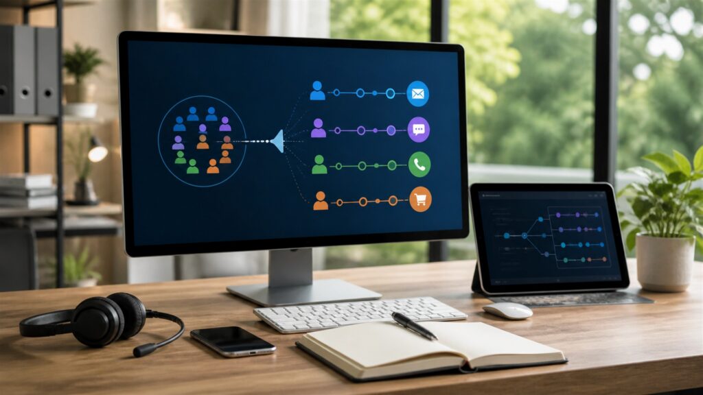 unbranded sales operations desk with blank pipeline board, task queue, headset, phone, calendar, and CRM monitor for a customer segmentation buying decision