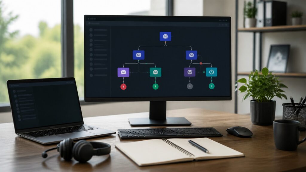 unbranded sales operations desk with blank pipeline board, task queue, headset, phone, calendar, and CRM monitor for a email campaigns buying decision