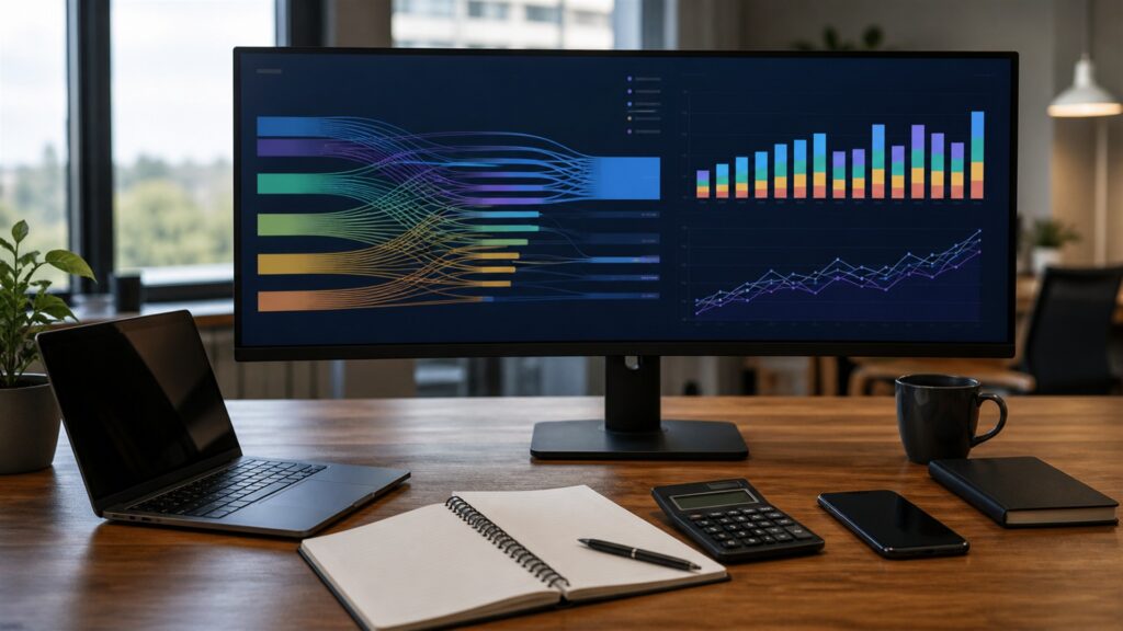 unbranded sales operations desk with blank pipeline board, task queue, headset, phone, calendar, and CRM monitor for a revenue tracking buying decision