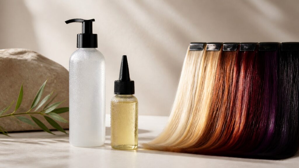 Unbranded editorial arrangement illustrating How to Choose Scalp Care for Color-Treated Hair