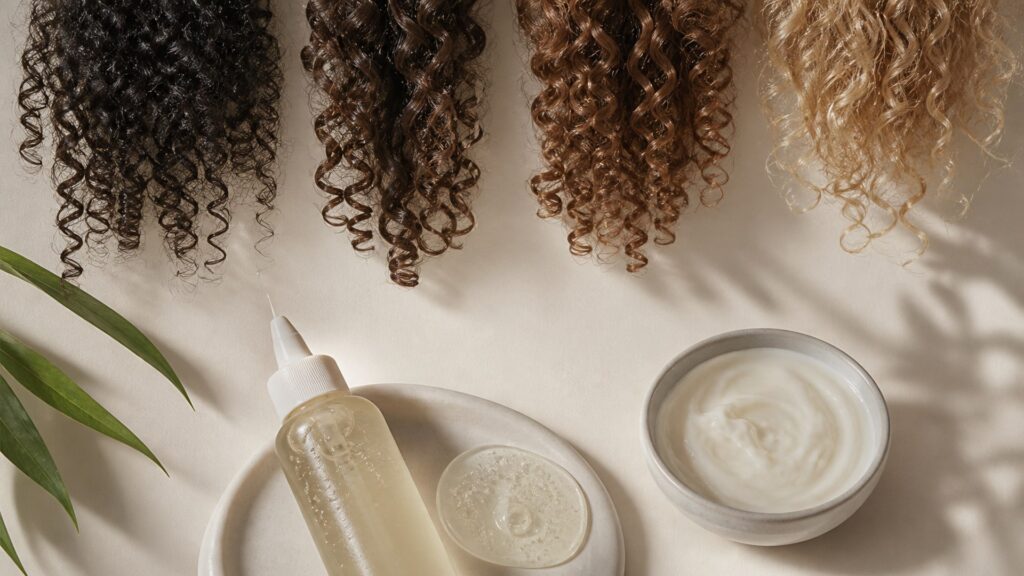 Unbranded editorial arrangement illustrating How to Choose Scalp Care for Curly Hair