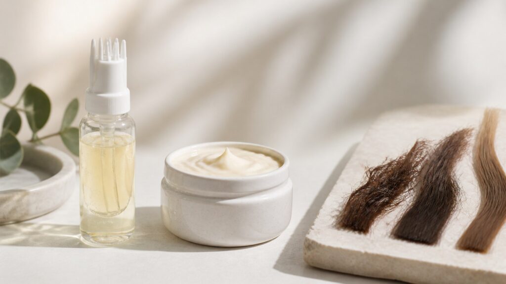 Unbranded editorial arrangement illustrating How to Choose Scalp Care for Damage Repair