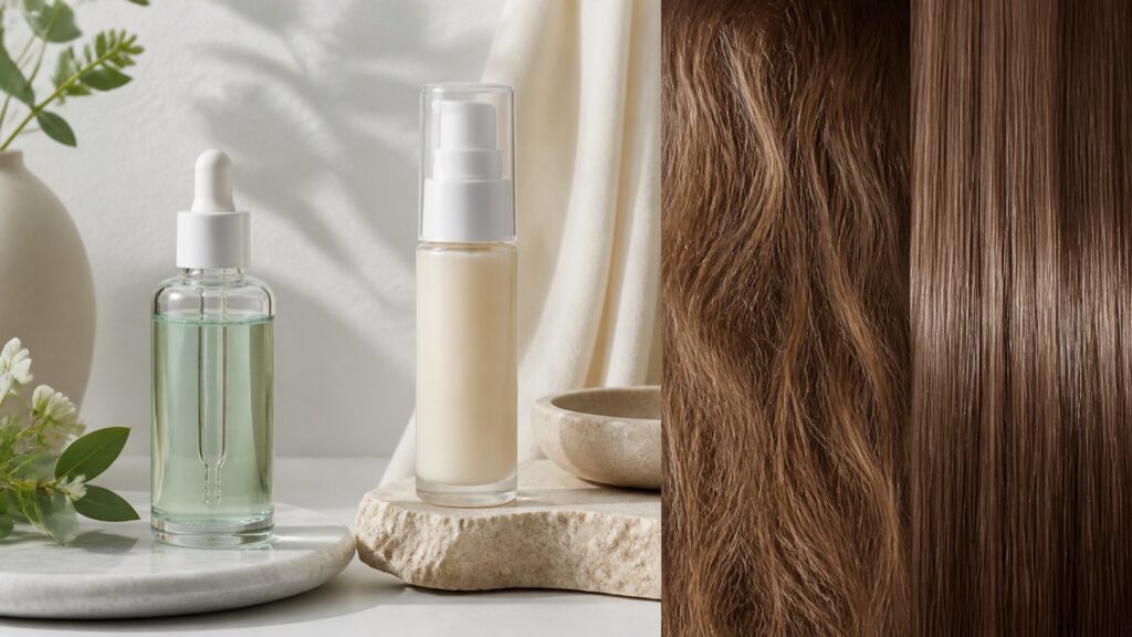 Unbranded editorial arrangement illustrating How to Choose Scalp Care for Frizz Control
