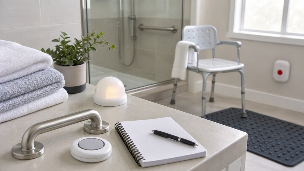 generic senior safety devices with alert button, night light, grab handle, nonslip mat, sensor, and notebook