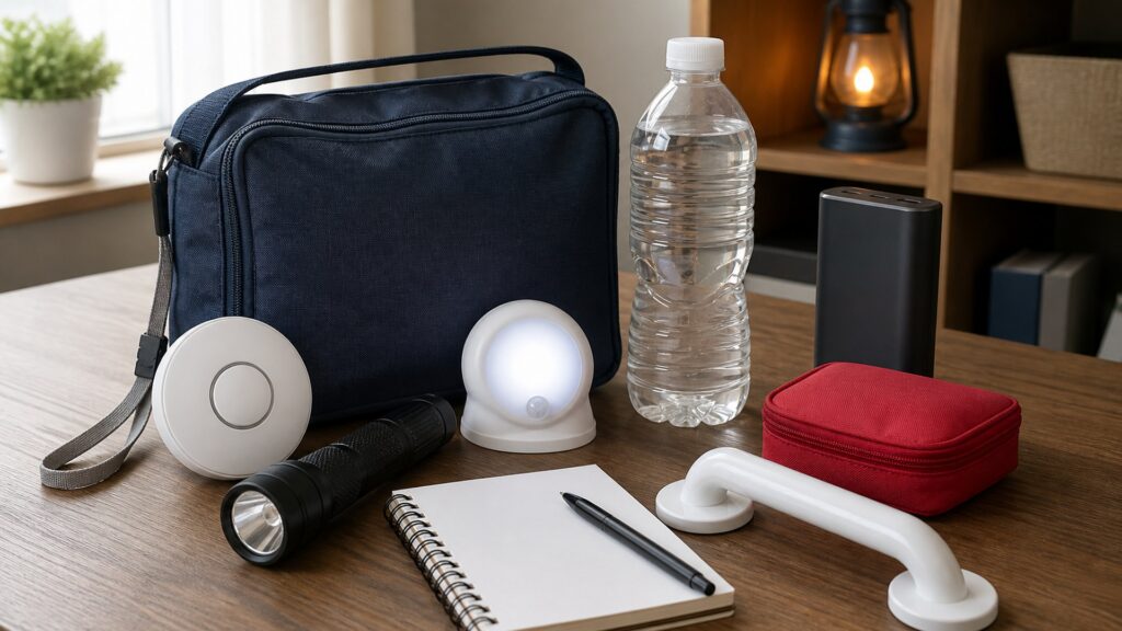 generic senior safety devices with alert button, night light, grab handle, nonslip mat, sensor, and notebook
