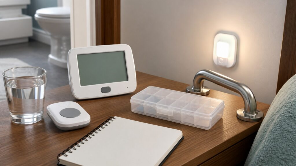 generic senior safety devices with alert button, night light, grab handle, nonslip mat, sensor, and notebook