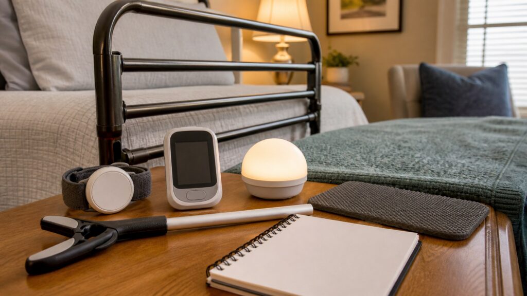 generic senior safety devices with alert button, night light, grab handle, nonslip mat, sensor, and notebook