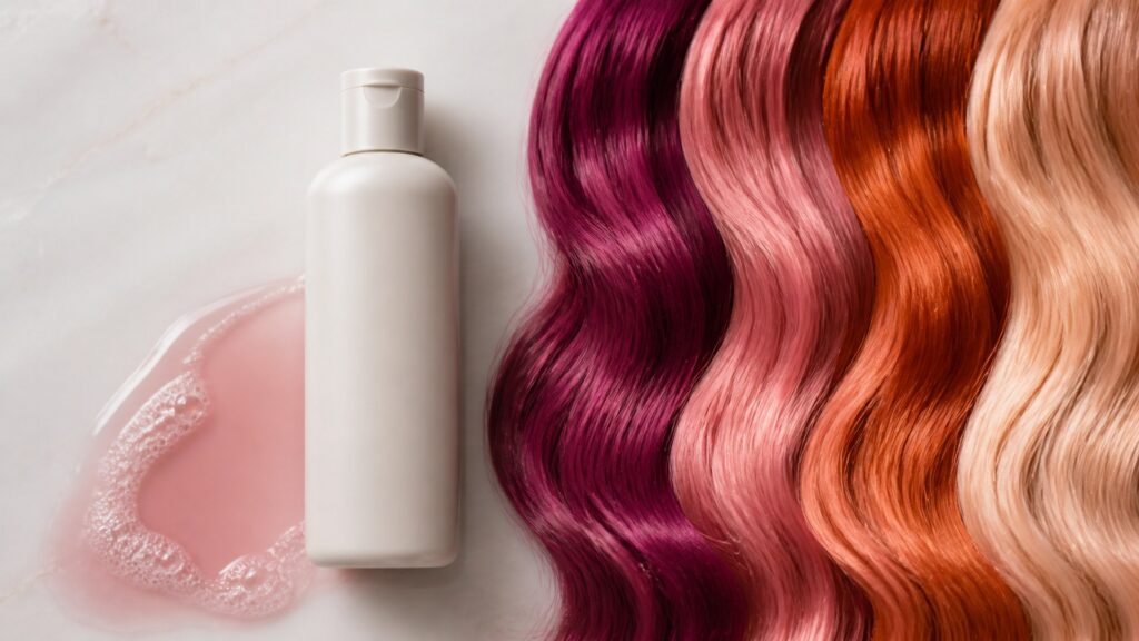 Unbranded editorial arrangement illustrating How to Choose Shampoo for Color-Treated Hair