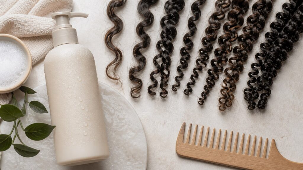 Unbranded editorial arrangement illustrating How to Choose Shampoo for Curly Hair