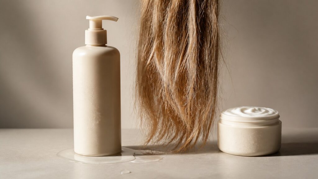 Unbranded editorial arrangement illustrating How to Choose Shampoo for Damage Repair