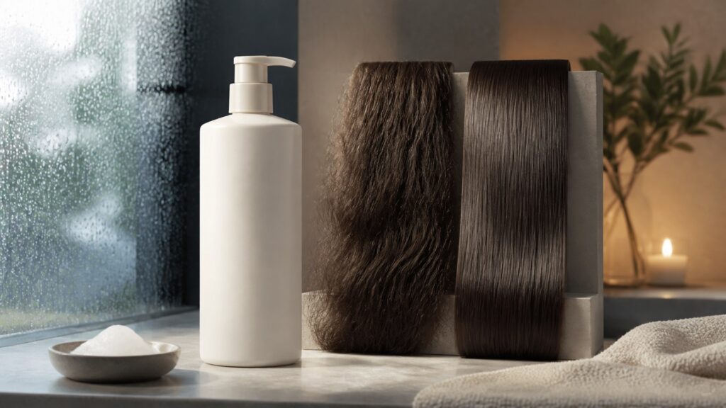 Unbranded editorial arrangement illustrating How to Choose Shampoo for Frizz Control