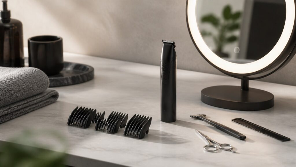Unbranded editorial arrangement illustrating precision grooming