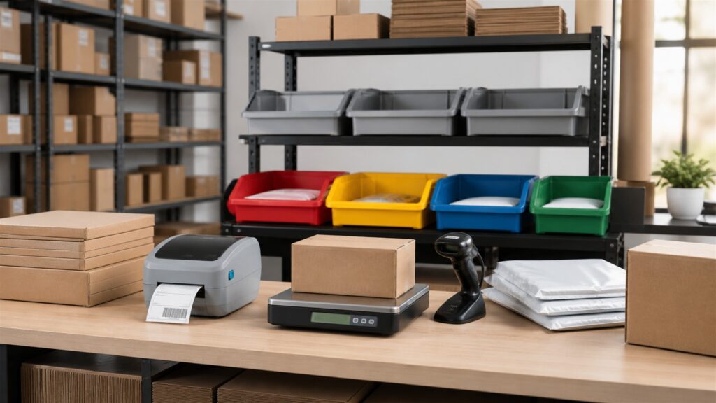 unbranded shipping station with one professional label printer, parcel scale, barcode scanner, sealed boxes, label rolls, and organized packing bench for a growing order volume buying decision