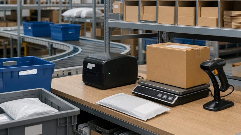 unbranded shipping station with one professional label printer, parcel scale, barcode scanner, sealed boxes, label rolls, and organized packing bench for a inventory turnover buying decision