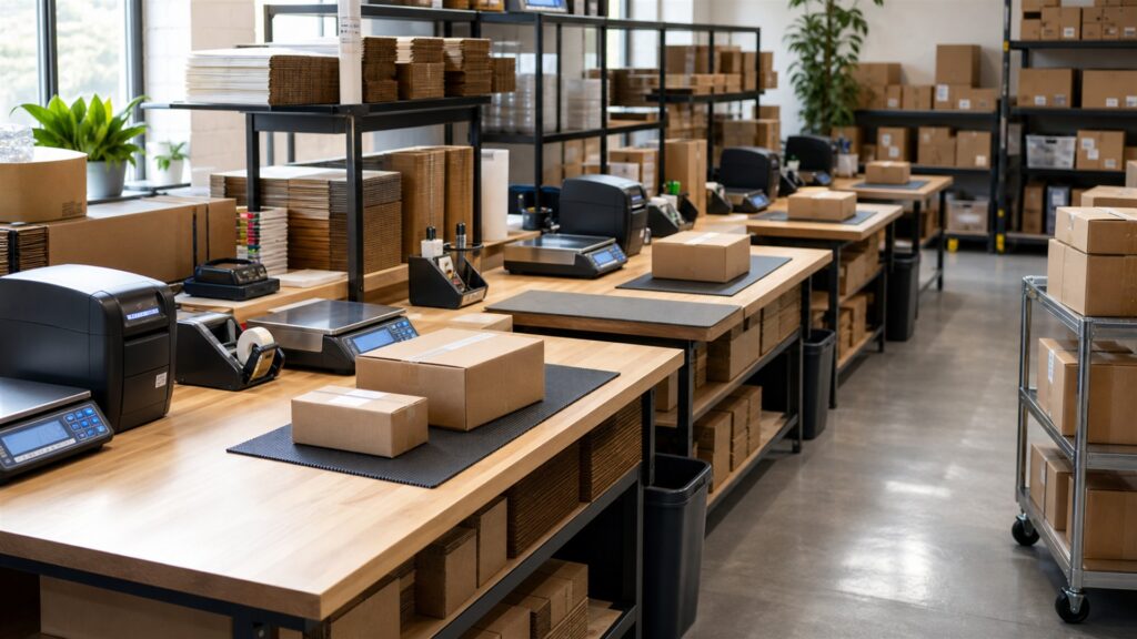 unbranded multi-carrier shipping desk with blank order screen, label printer, parcel scale, scanner, sealed boxes, and organized label rolls for a growing order volume buying decision