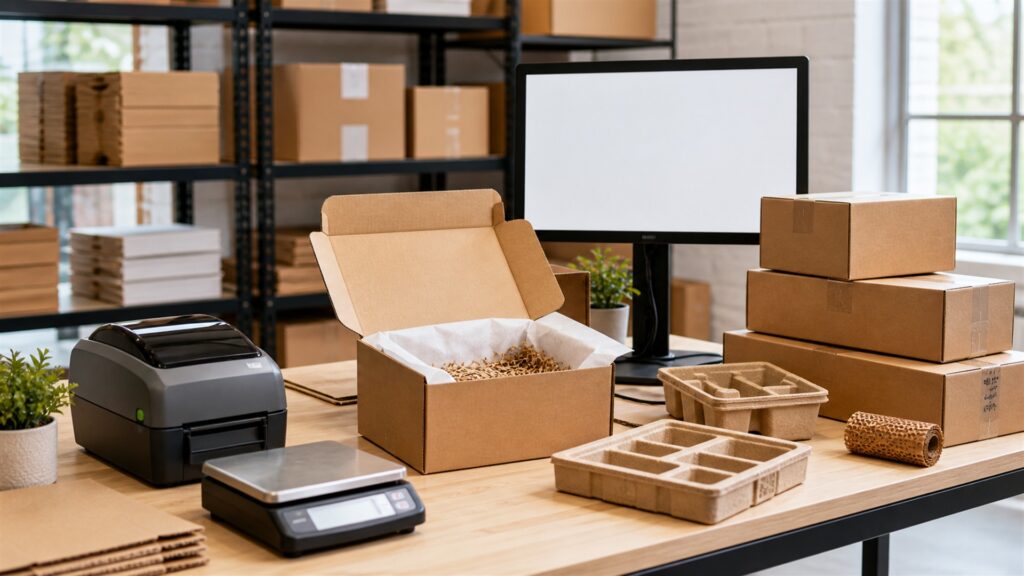 unbranded multi-carrier shipping desk with blank order screen, label printer, parcel scale, scanner, sealed boxes, and organized label rolls for a inventory turnover buying decision