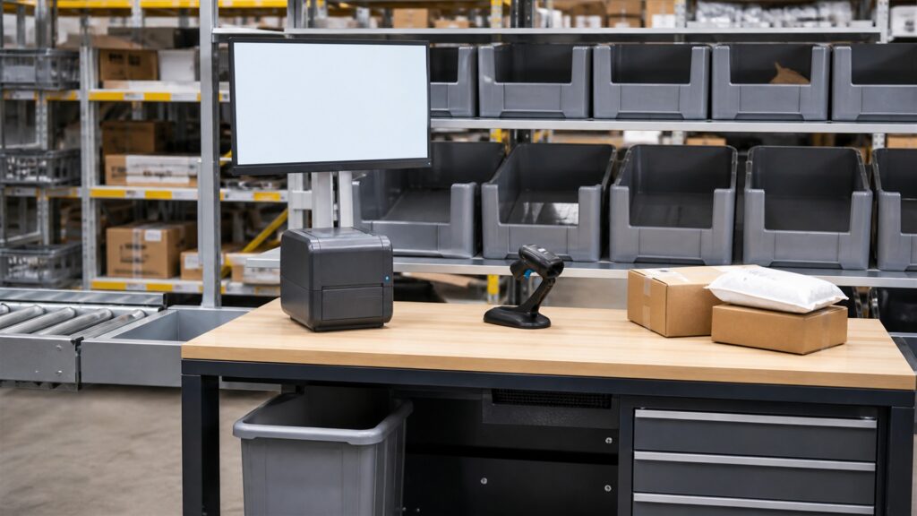 unbranded multi-carrier shipping desk with blank order screen, label printer, parcel scale, scanner, sealed boxes, and organized label rolls for a warehouse operations buying decision