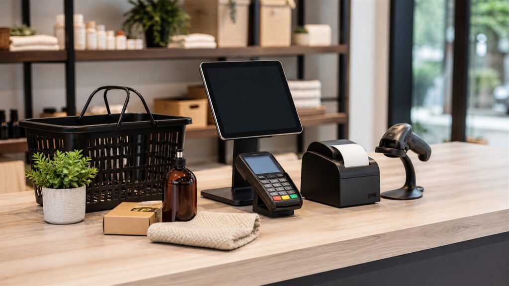 unbranded checkout operations desk with blank cart flow screen, payment terminal, product samples, shipping box, and receipt printer for a checkout workflows buying decision